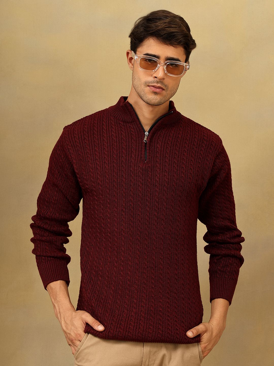 kvetoo Men Solid Mandarin Neck Maroon Sweater-picture-21