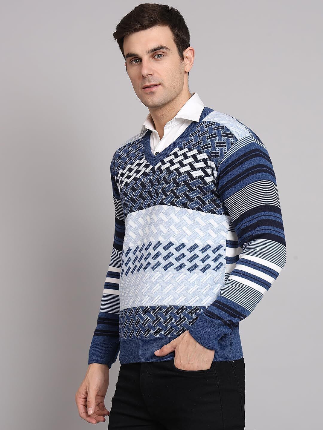 nico wesley Men Striped V Neck Blue Sweater-picture-18