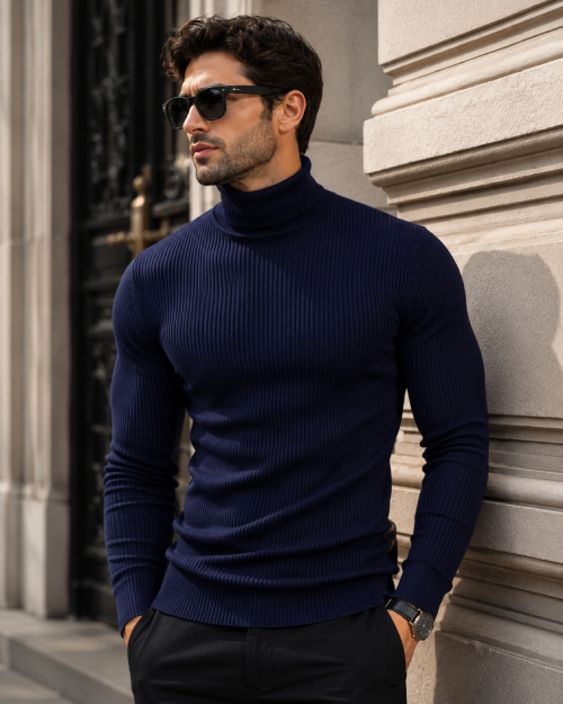 Men Solid High Neck Dark Blue Sweater-image-1