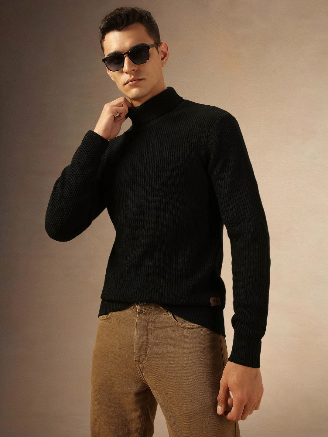 dennis lingo Men Self Design Turtle Neck Black Sweater-picture-24
