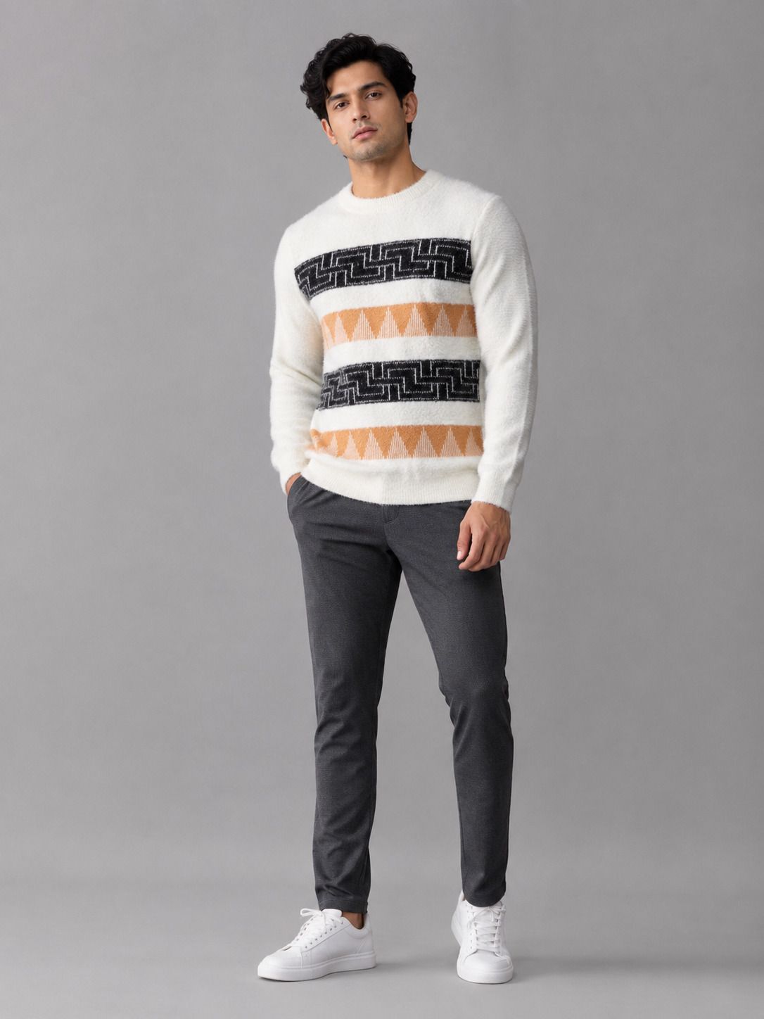 heteshe Men Self Design Round Neck Orange Sweater-picture-16