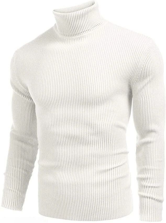 Men Woven High Neck White Sweater