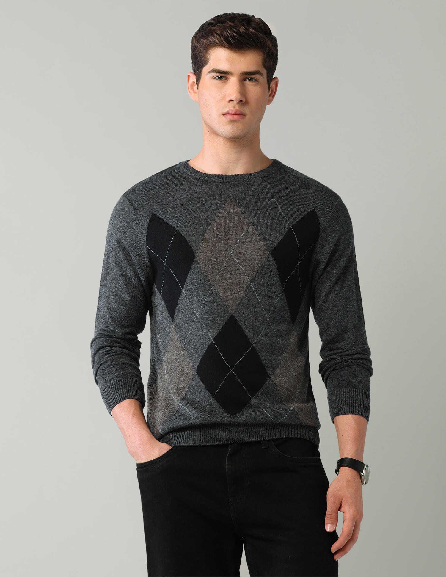 Men Geometric Print Crew Neck Black Sweater-image-26