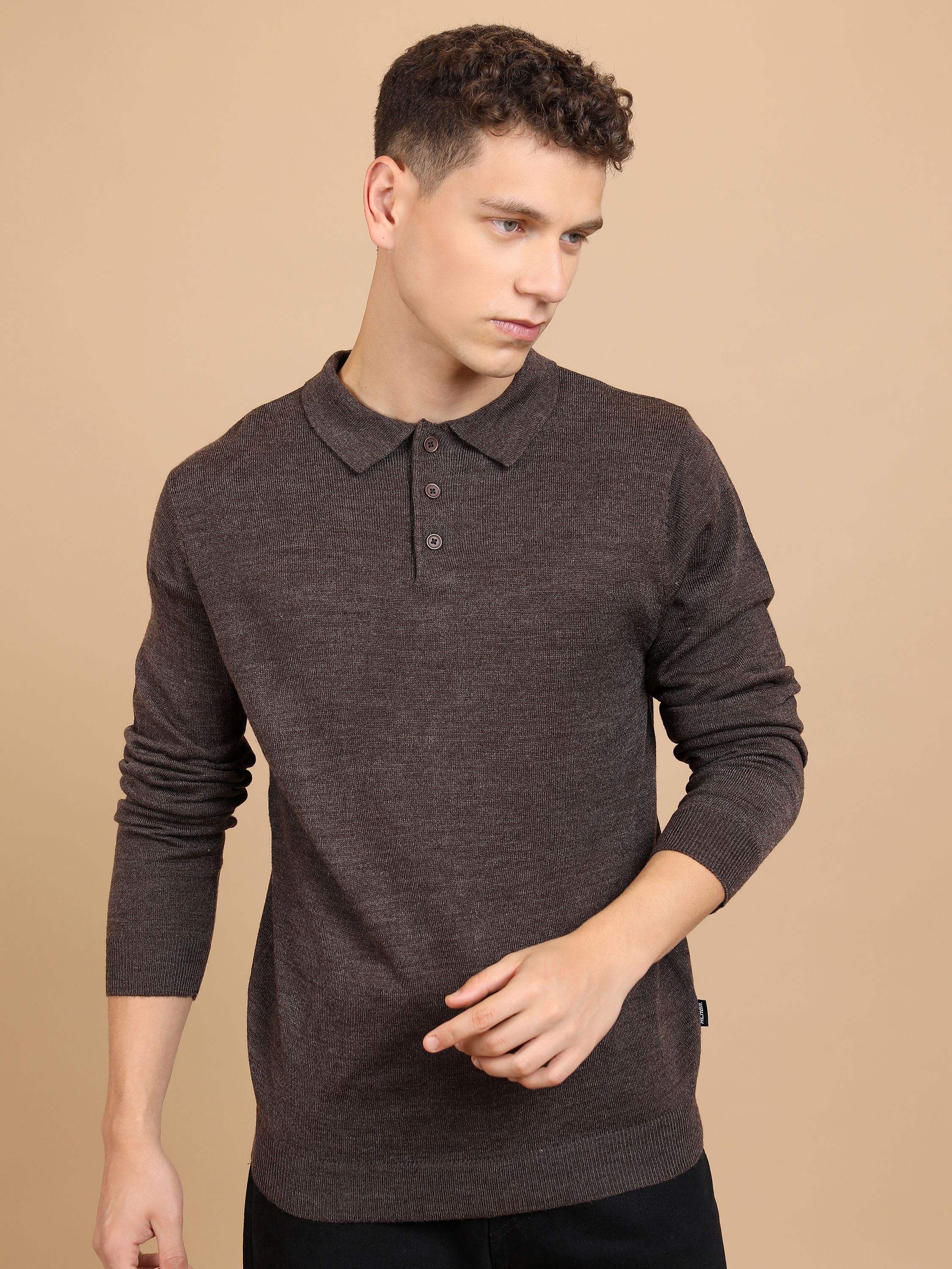 highlander Men Solid Round Neck Brown Sweater-picture-36