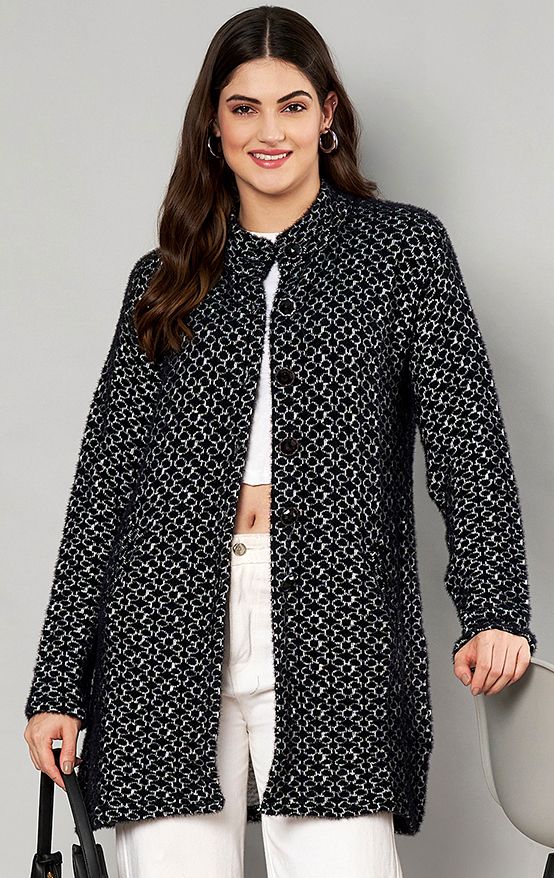 Women Printed Round Neck Black Sweater-image-3