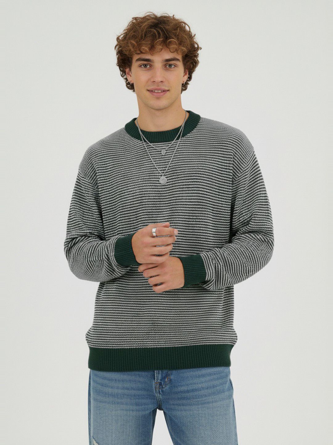 glitchez Men Self Design Round Neck Green Sweater-picture-12
