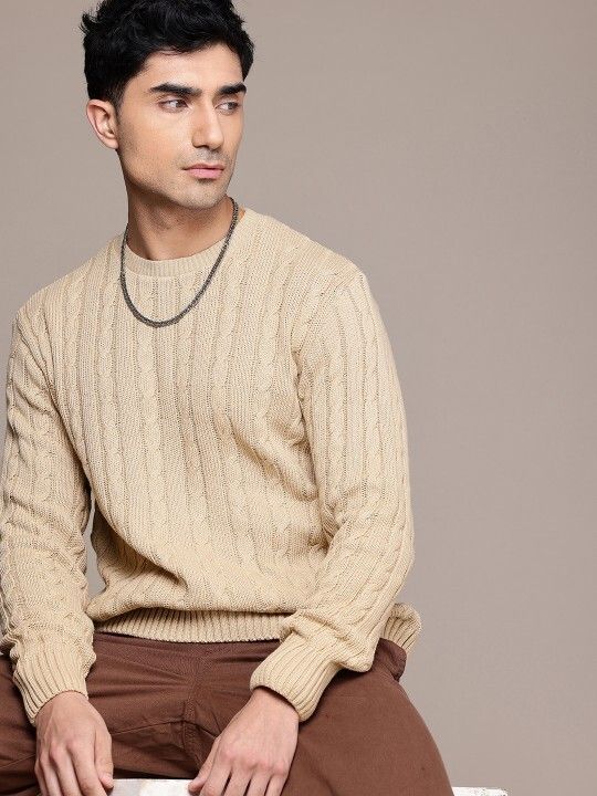 Men Self Design Crew Neck Beige Sweater-image-4