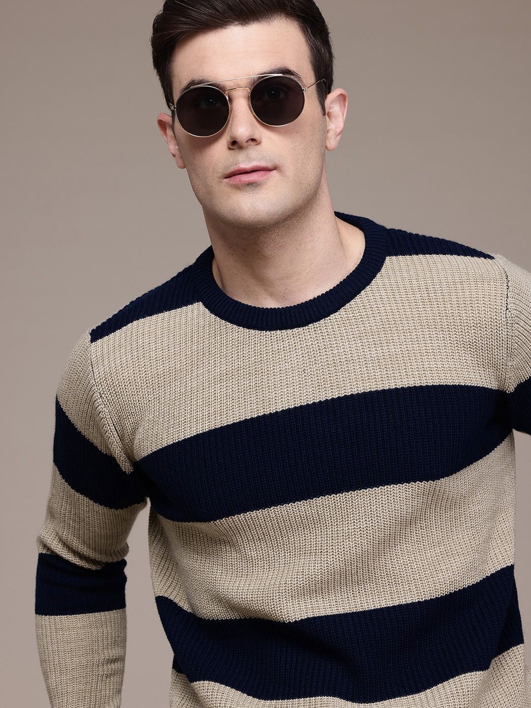Men Striped Round Neck Beige Sweater-image-19