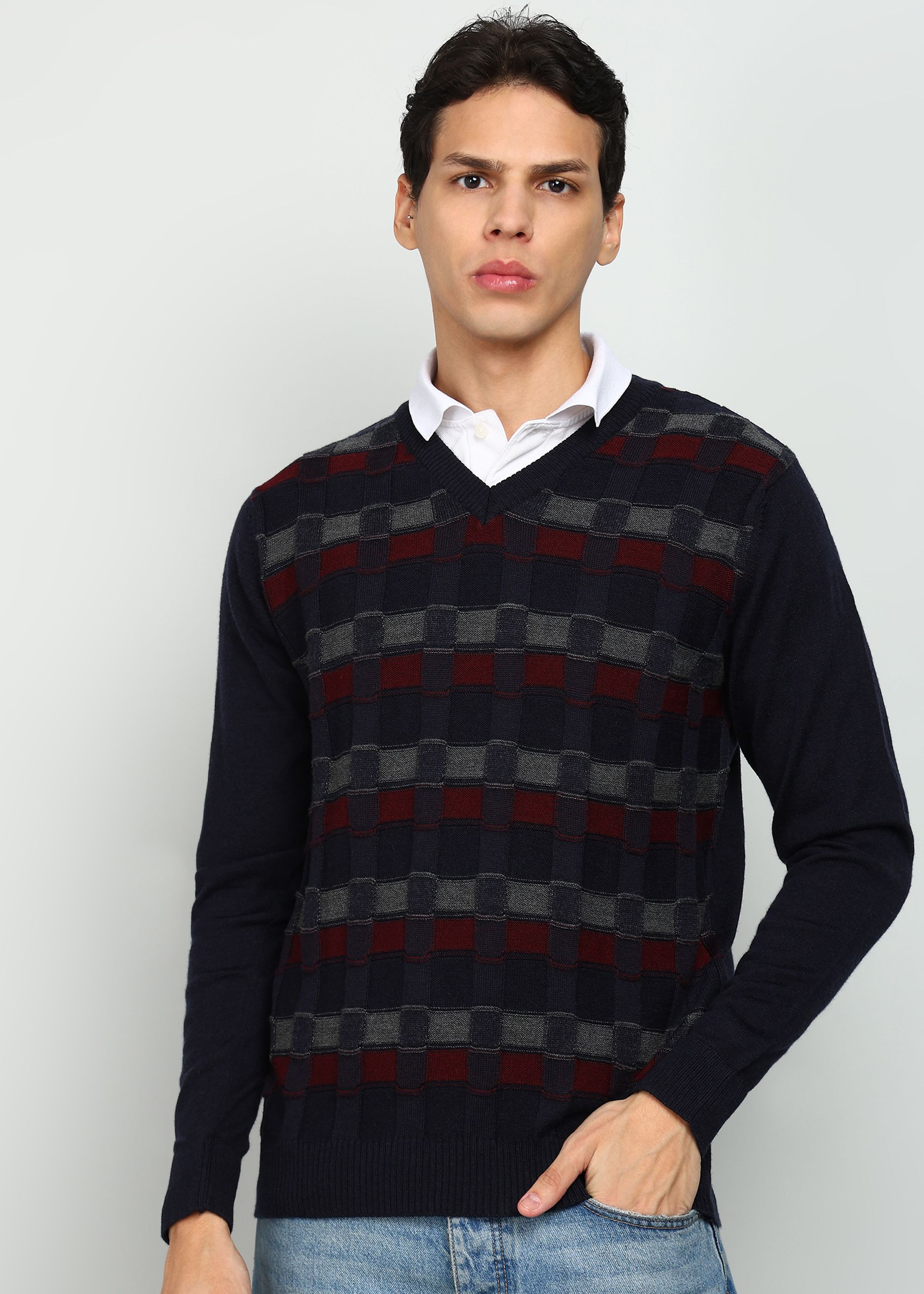 Men Self Design Collared Neck Dark Blue Sweater-image-31
