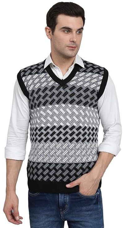 muskan knitwear Men Checkered V Neck Black, Grey Sweater-picture-20
