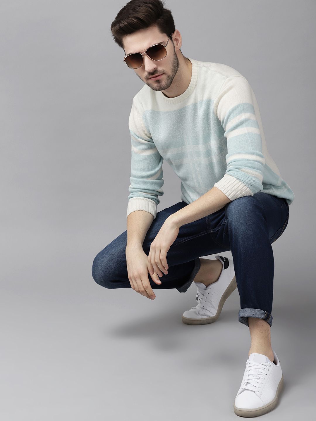roadster Men Checkered Round Neck White Sweater-picture-24