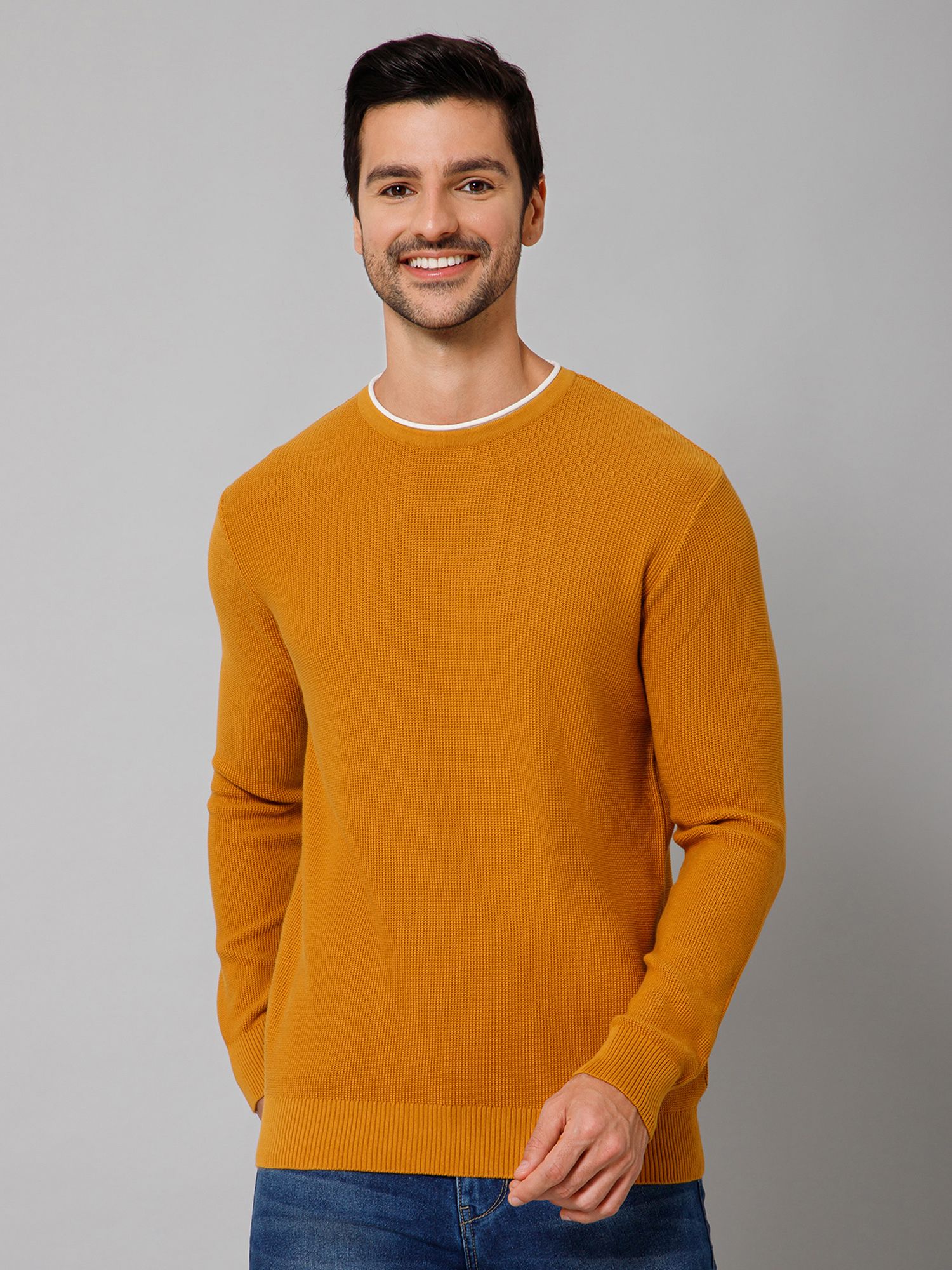 cantabil Men Self Design Round Neck Yellow Sweater-picture-25