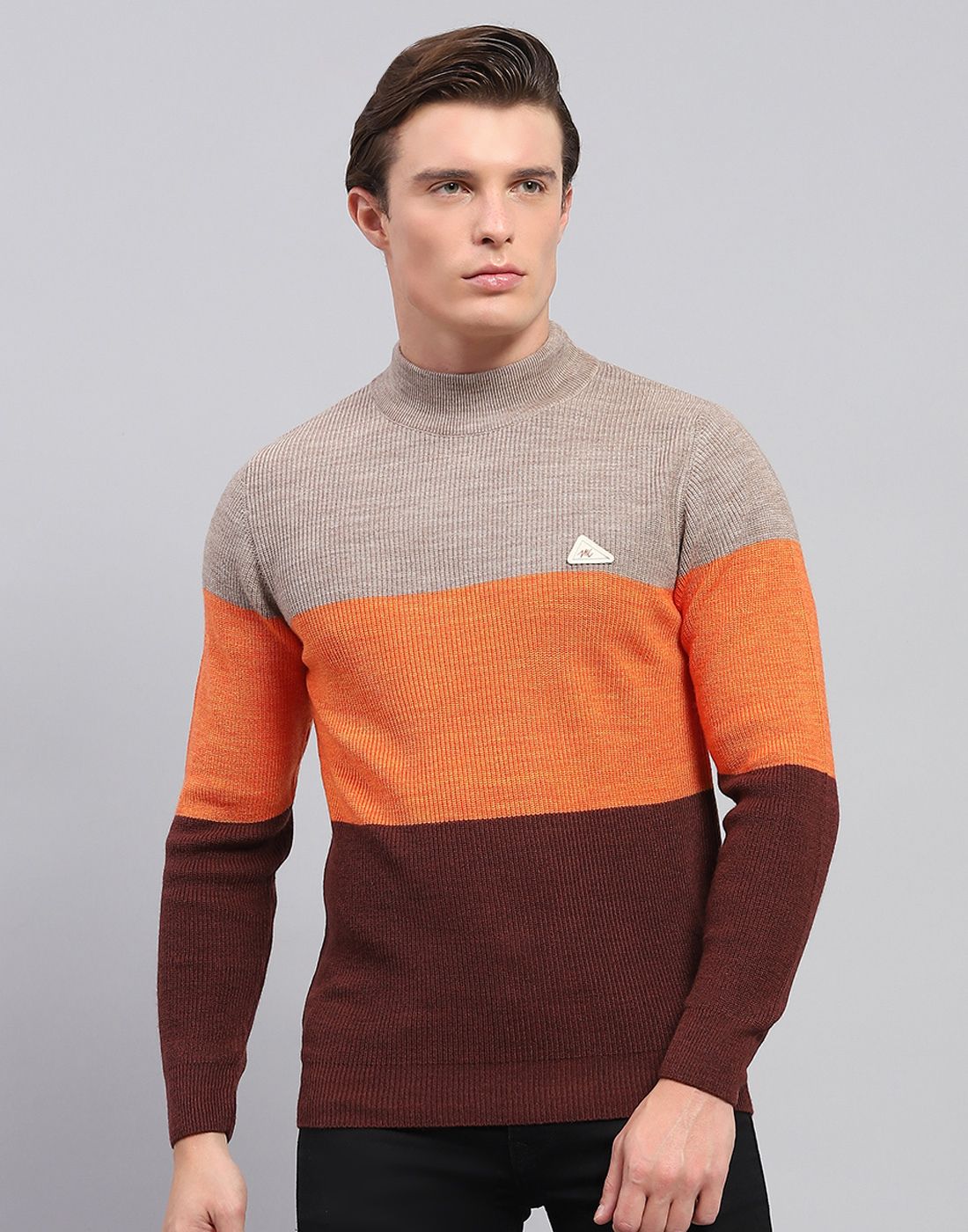 Men Colorblock High Neck Beige Sweater-image-48