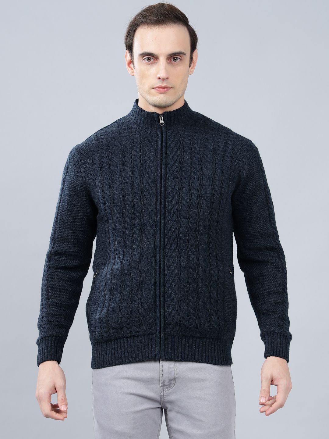 cantabil Men Self Design Mandarin Neck Dark Blue Sweater-picture-17