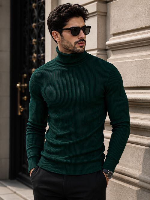 cat bunny Men Solid High Neck Green Sweater-picture-20
