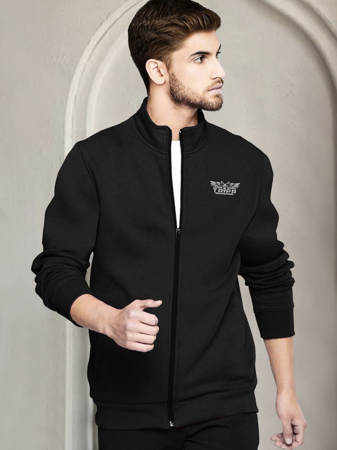 Men Printed Mandarin Neck Black Sweater-image-19