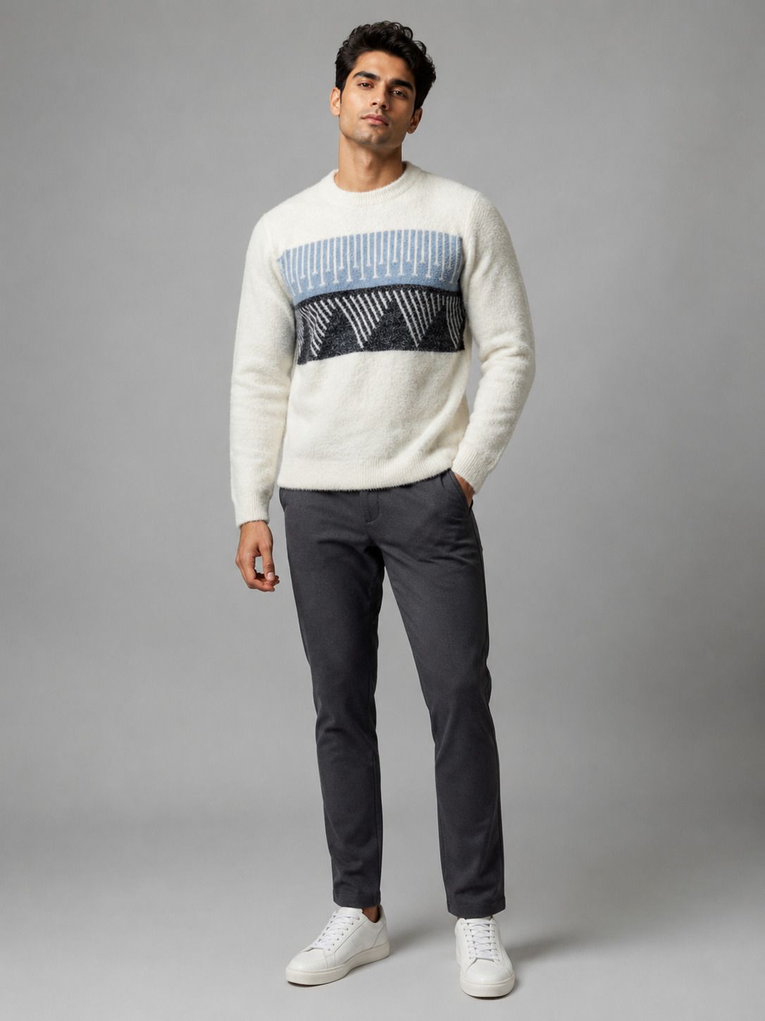 heteshe Men Self Design Round Neck Blue Sweater-picture-33