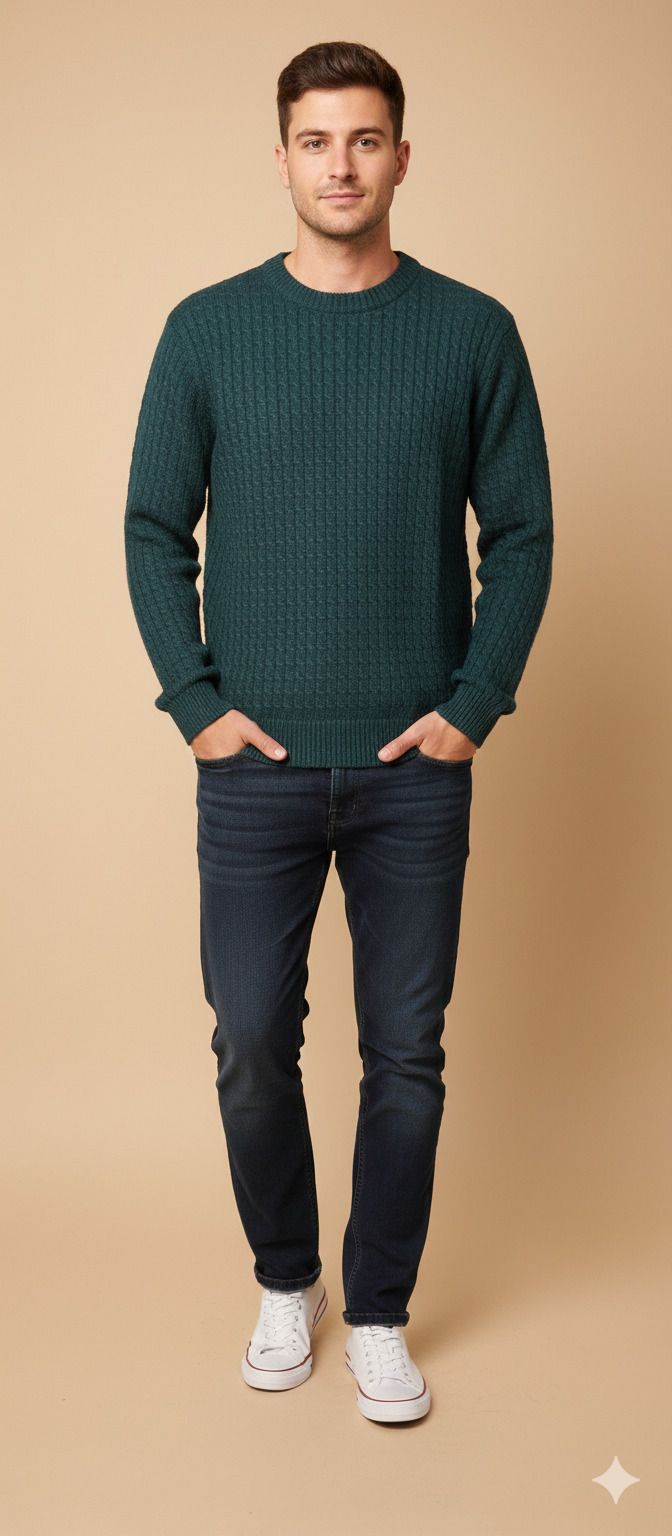Men Self Design Round Neck Dark Green Sweater-image-32