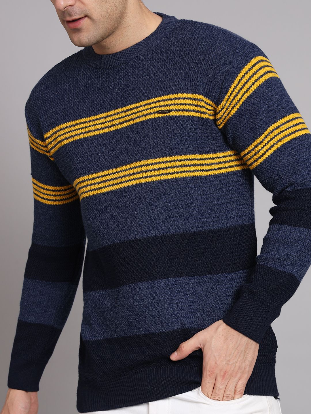 Men Striped, Colorblock Round Neck Blue Sweater