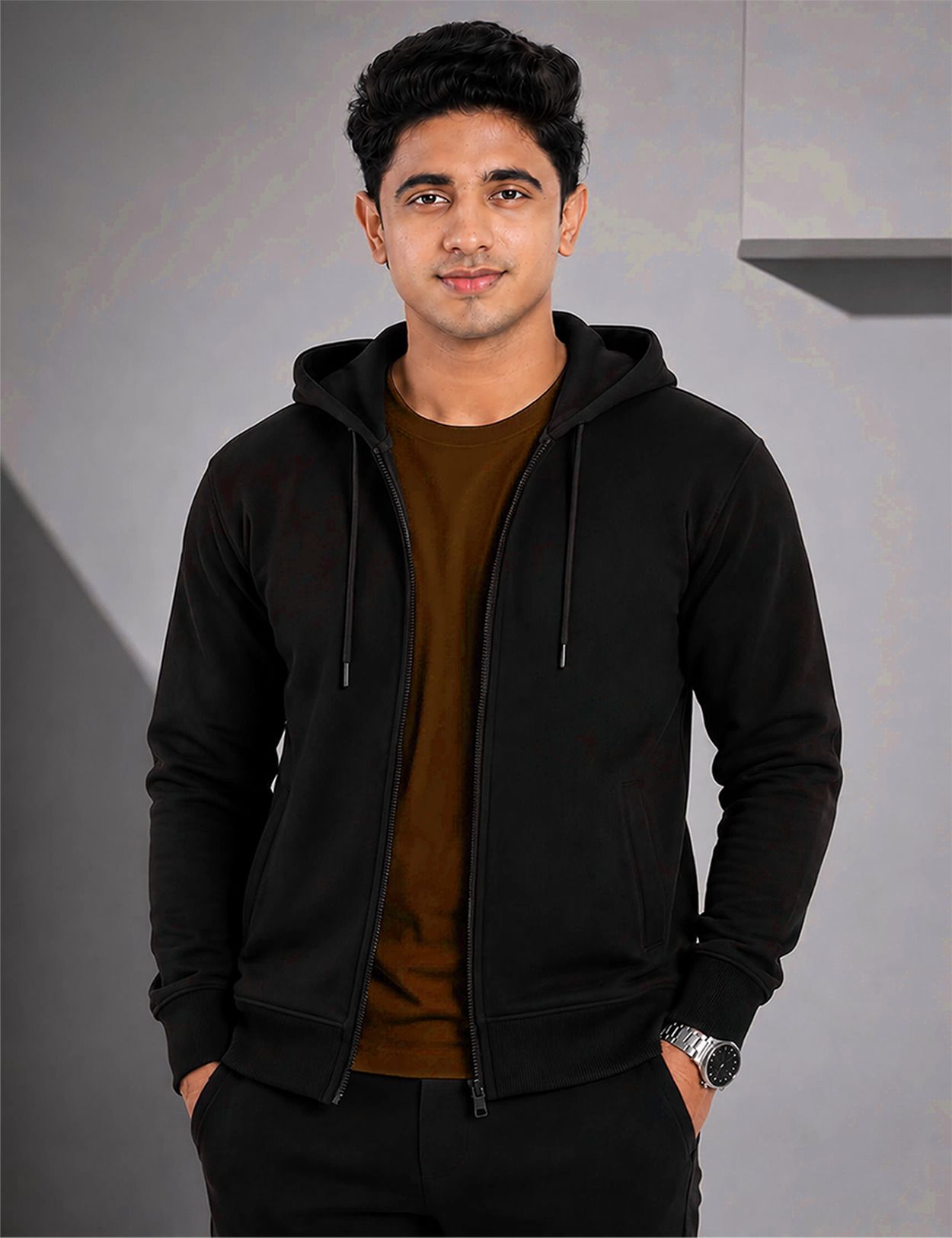 texvelo Men Solid Hooded Neck Black Sweater-picture-20