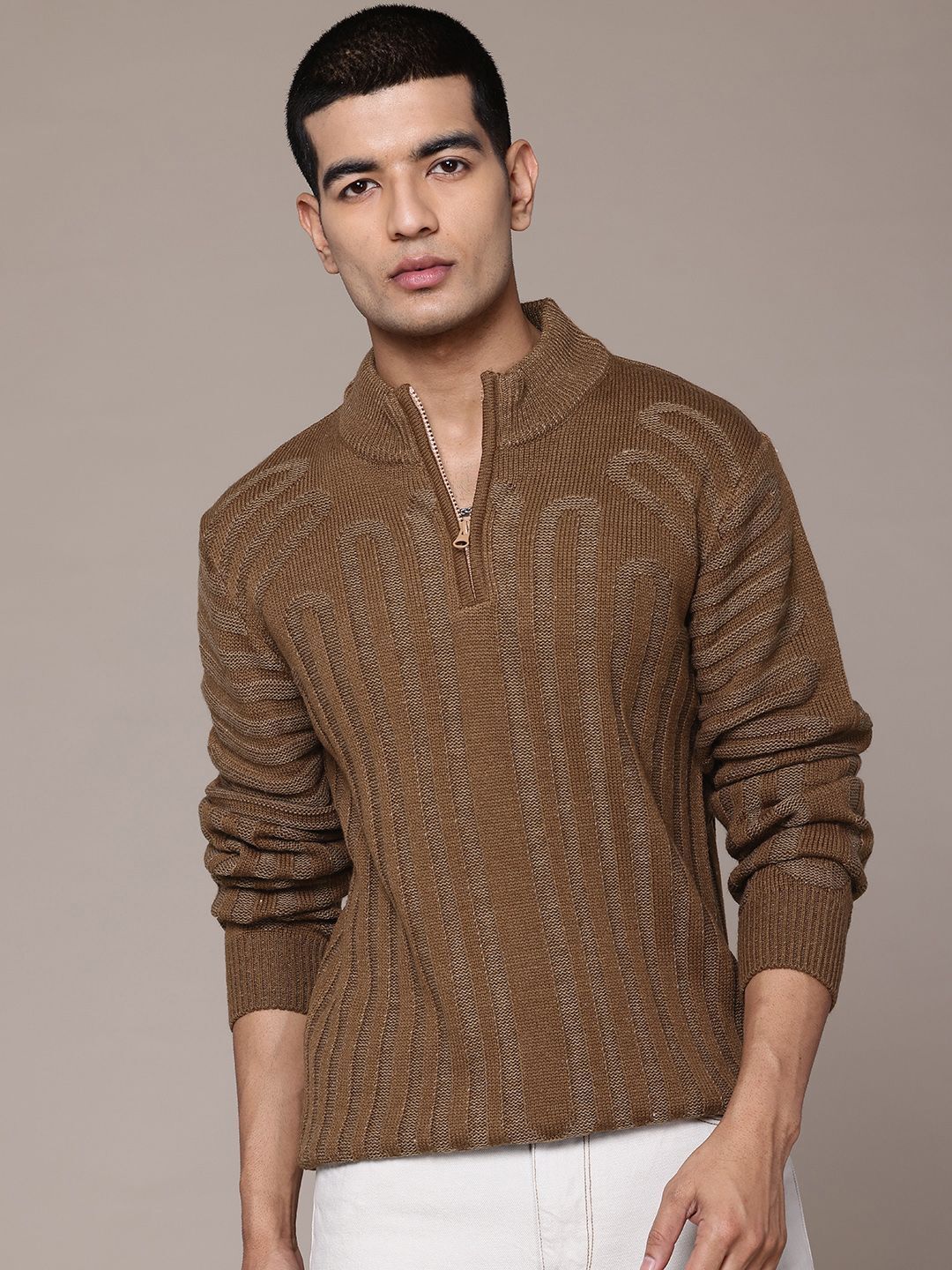 roadster Men Striped High Neck Brown Sweater-picture-22