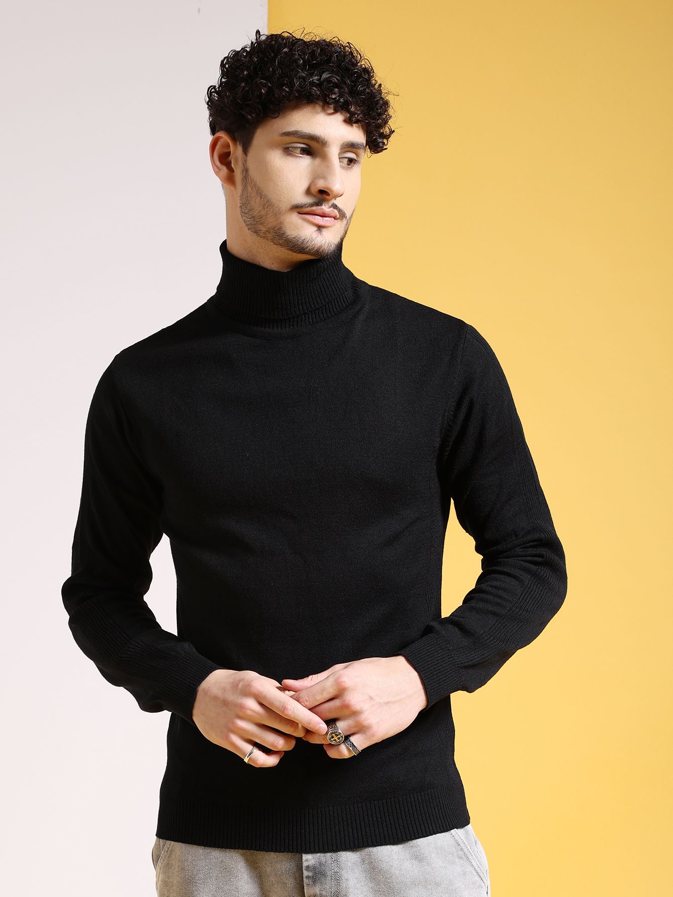 the indian garage co. Men Solid Turtle Neck Black Sweater-picture-10