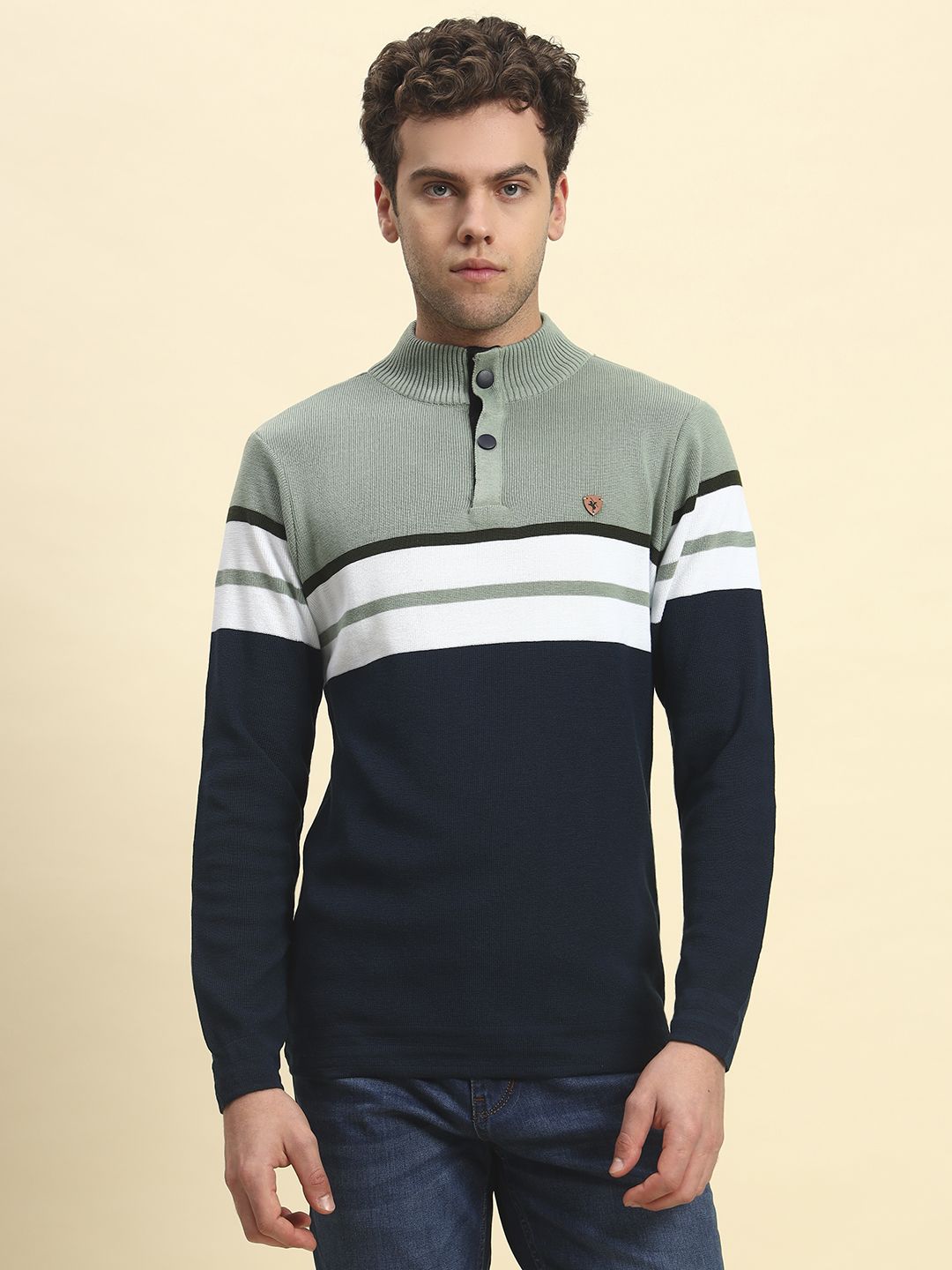 Men Striped Mandarin Neck Dark Blue Sweater-image-37