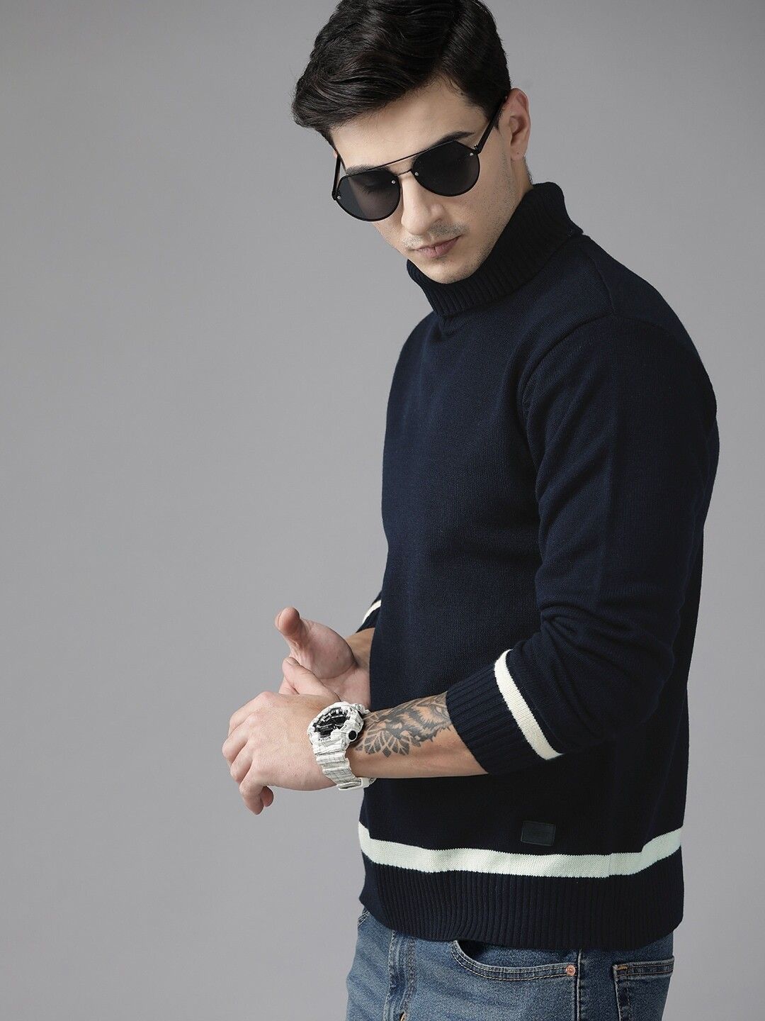 Men Solid Turtle Neck Blue Sweater