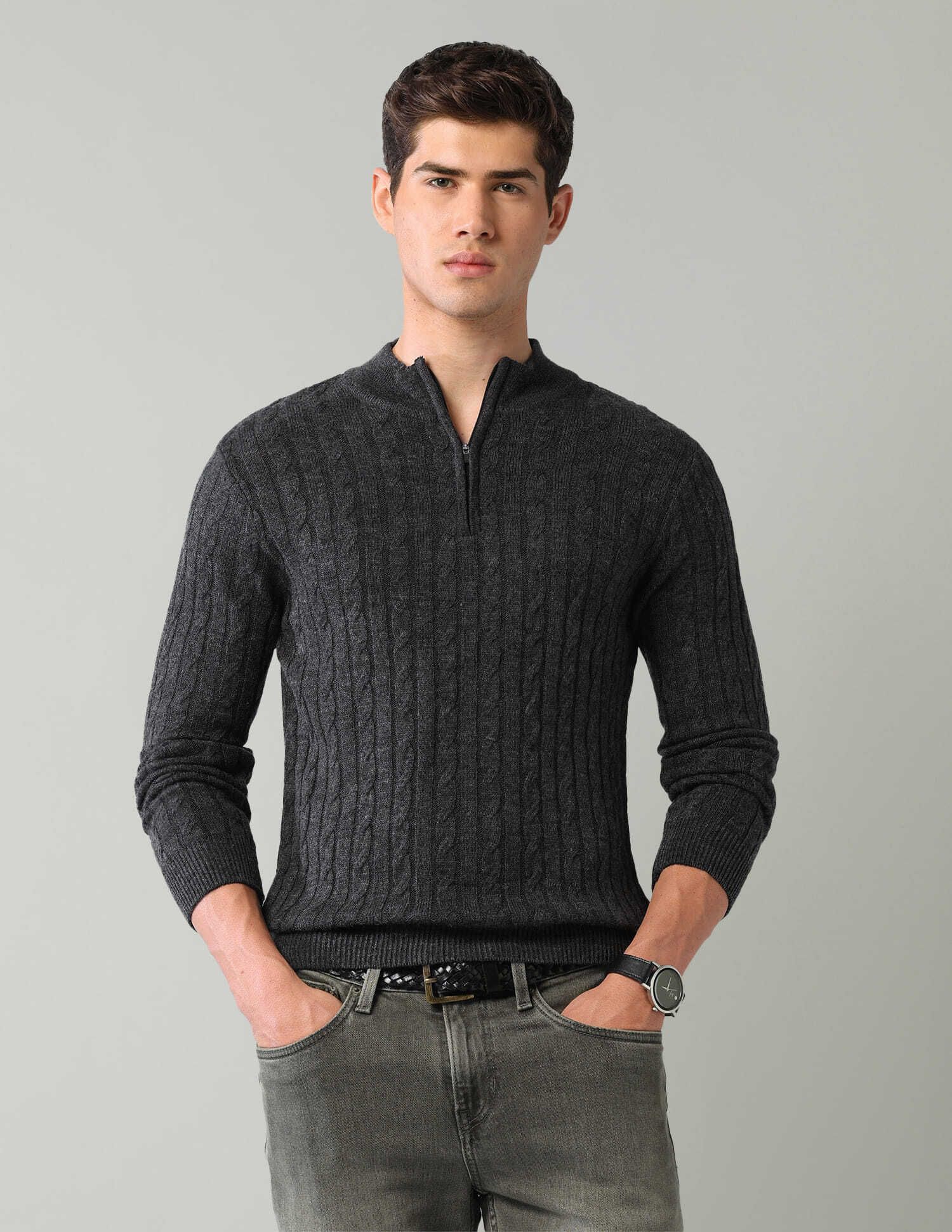 ad by arvind Men Self Design High Neck Black Sweater-picture-48
