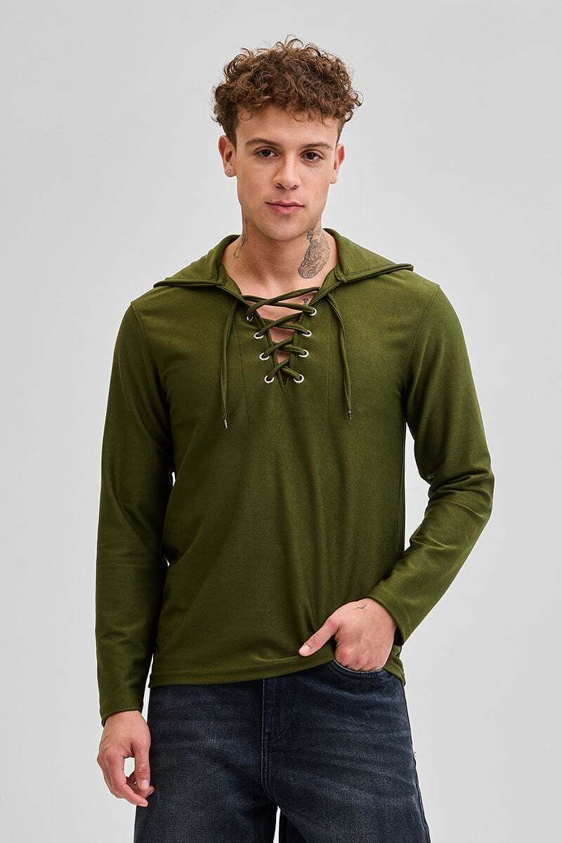 snitch Men Solid Hooded Neck Green Sweater-picture-10