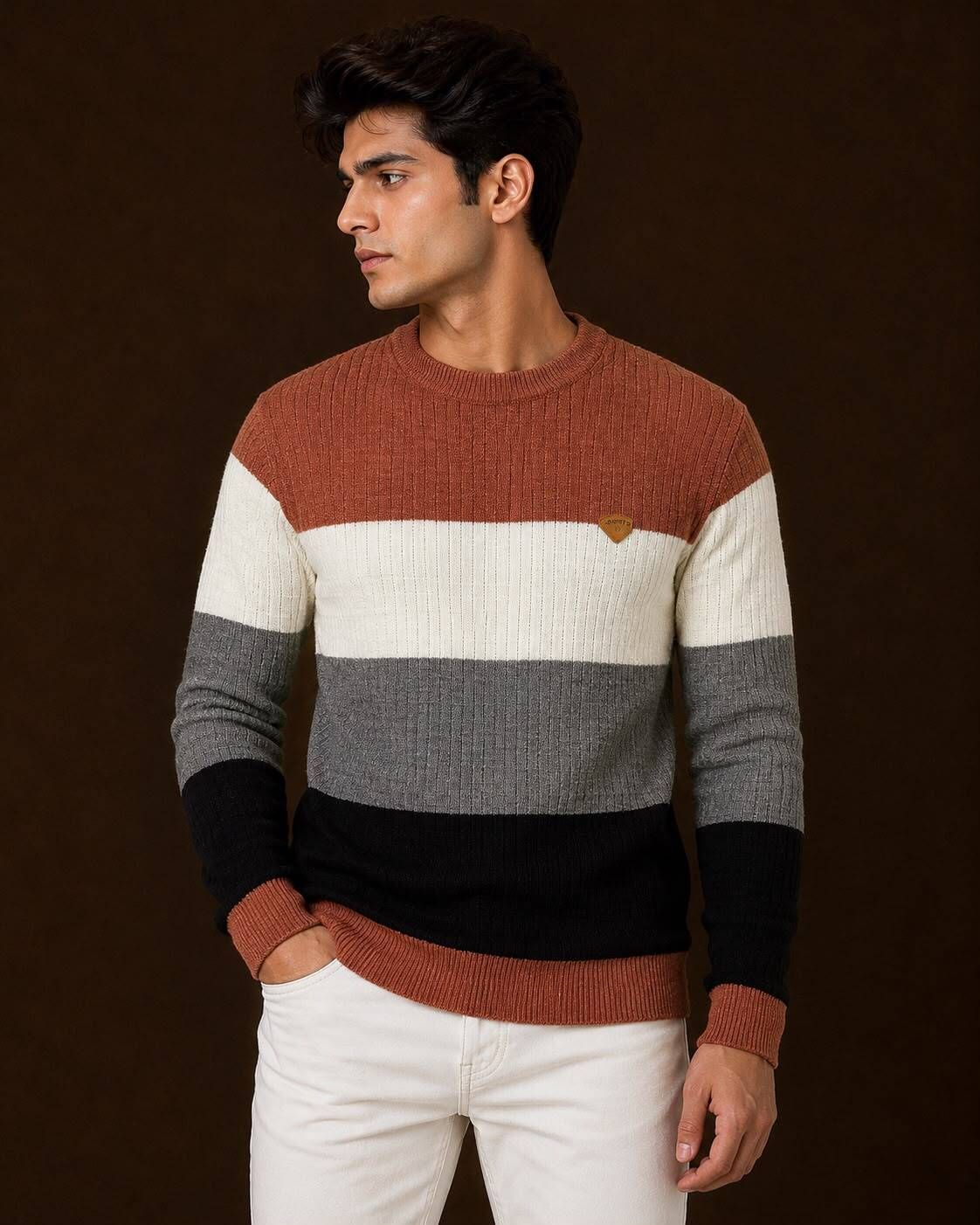 baheti impex Men Solid Round Neck Reversible Brown Sweater-picture-43