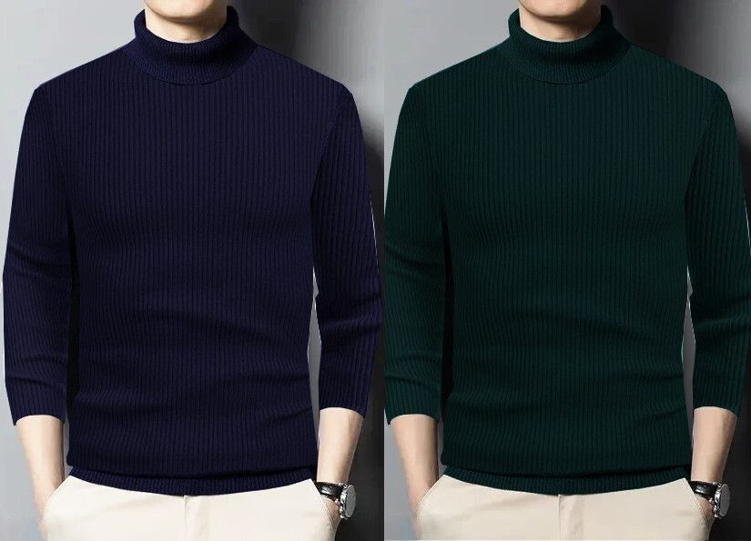 houseofcommon Men Solid High Neck Blue, Green Sweater-picture-15