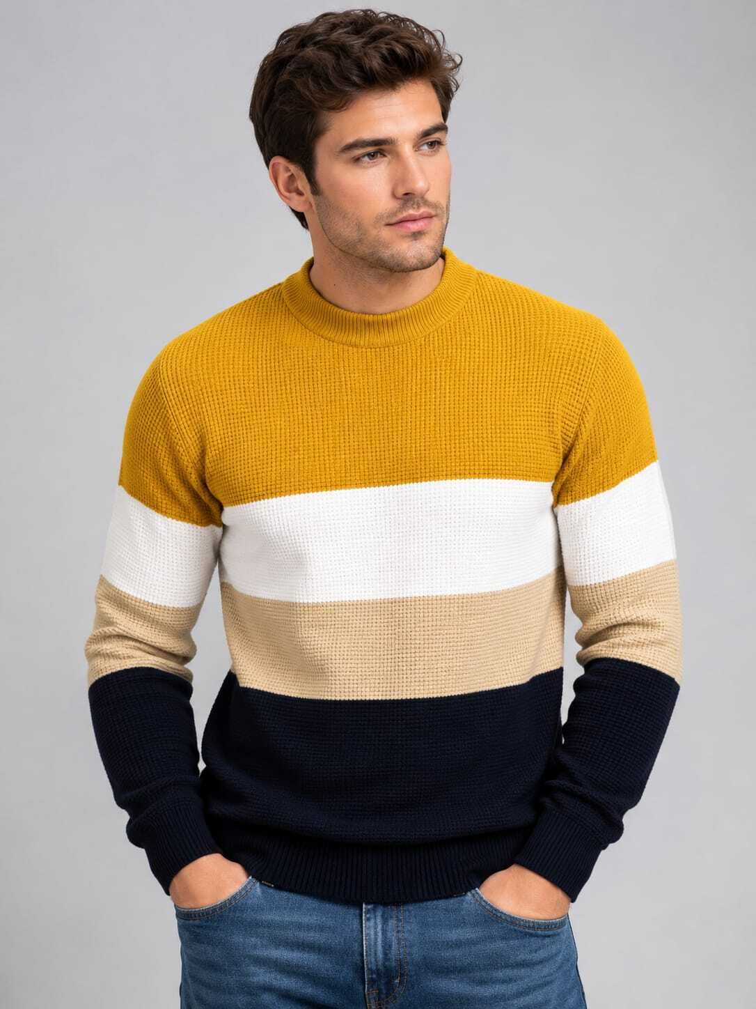 nxtwin Men Striped Crew Neck Yellow Sweater-picture-46