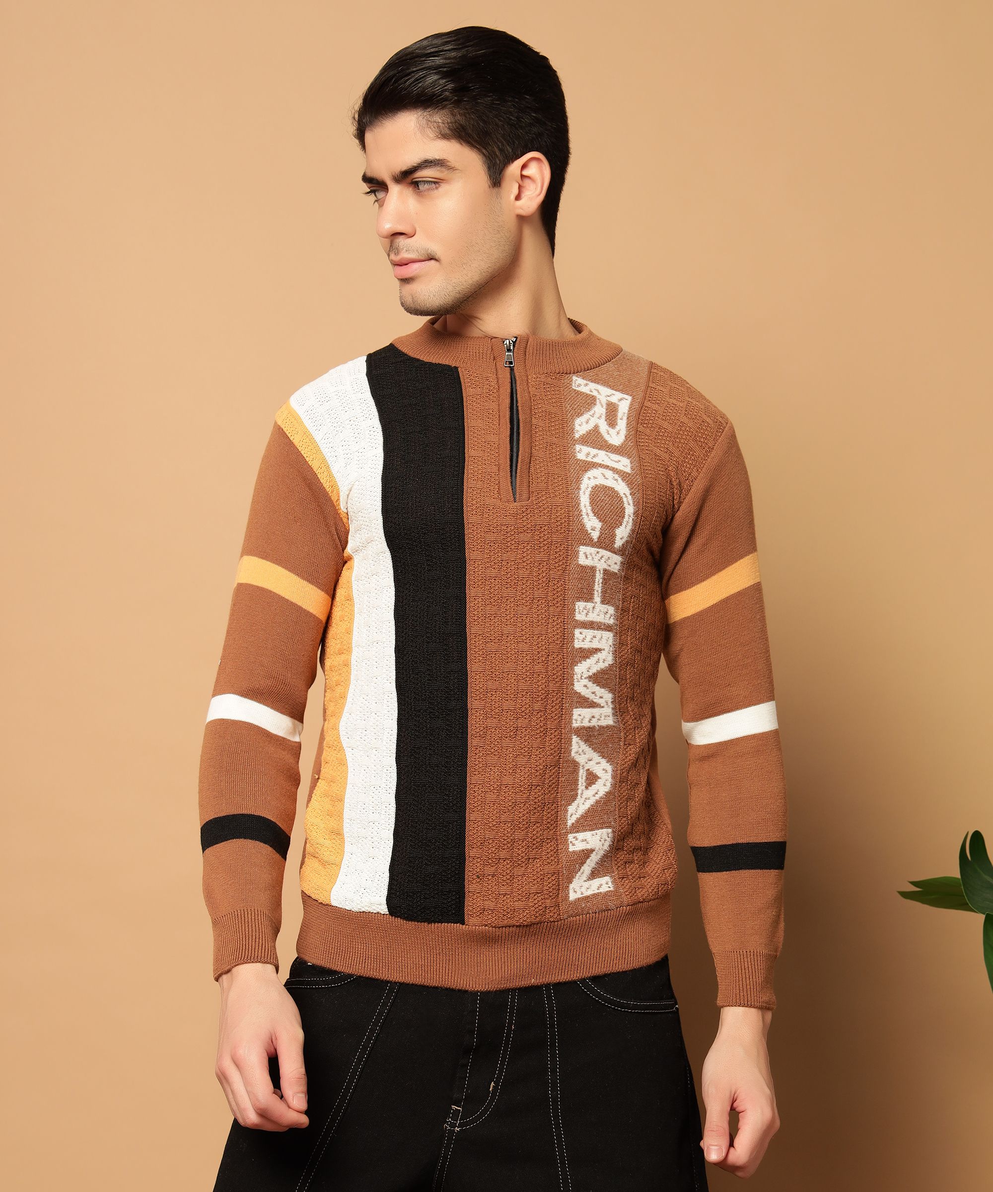 hell bound Men Colorblock Round Neck Brown Sweater-picture-21