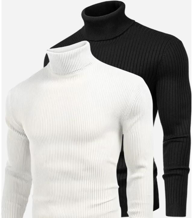 Men Self Design Turtle Neck White, Black Sweater-image-16