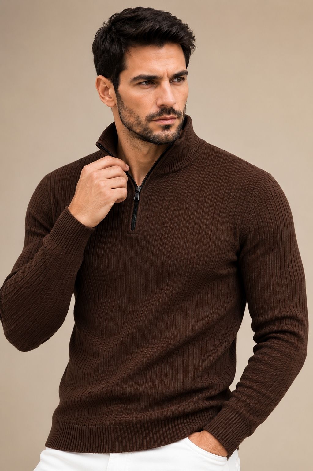 utcv Men Solid High Neck Brown Sweater-picture-11