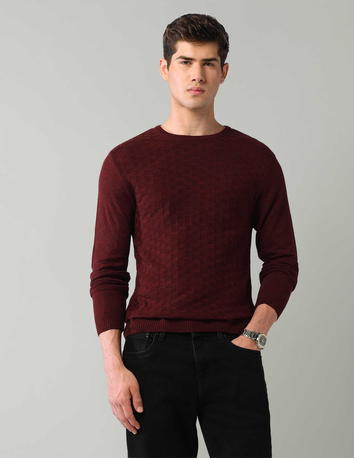 Men Self Design Crew Neck Red Sweater-image-3