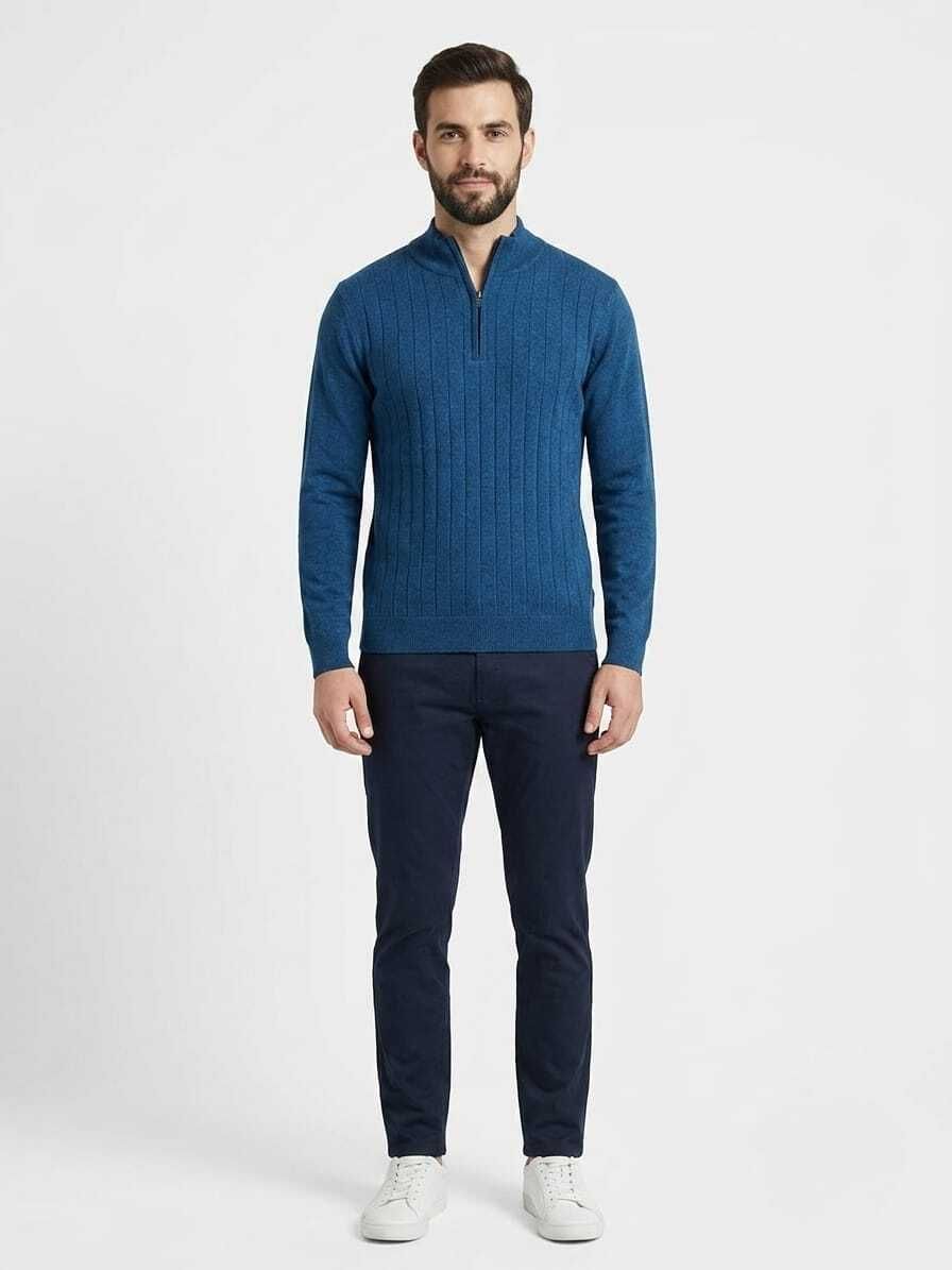 cozure Men Solid High Neck Blue Sweater-picture-15