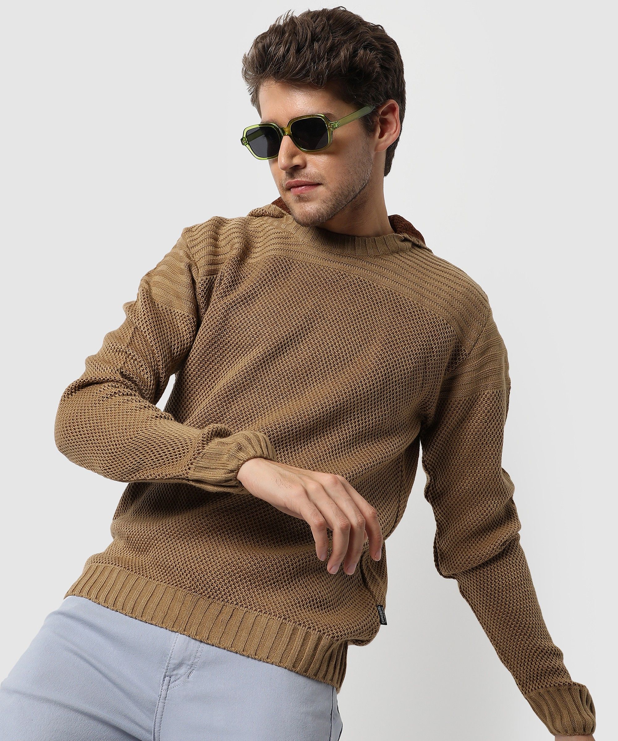 Men Striped Round Neck Beige Sweater-image-45