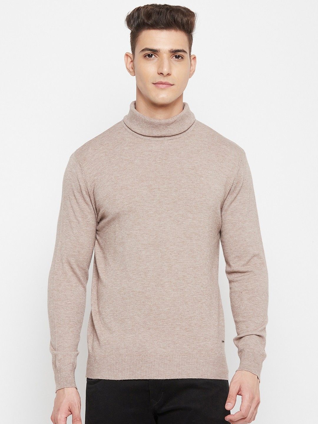 duke Men Solid High Neck Beige Sweater-picture-15