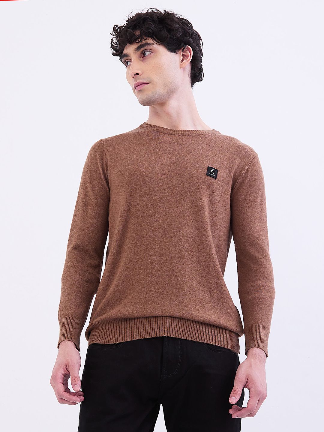 spykar Men Solid Round Neck Brown Sweater-picture-11