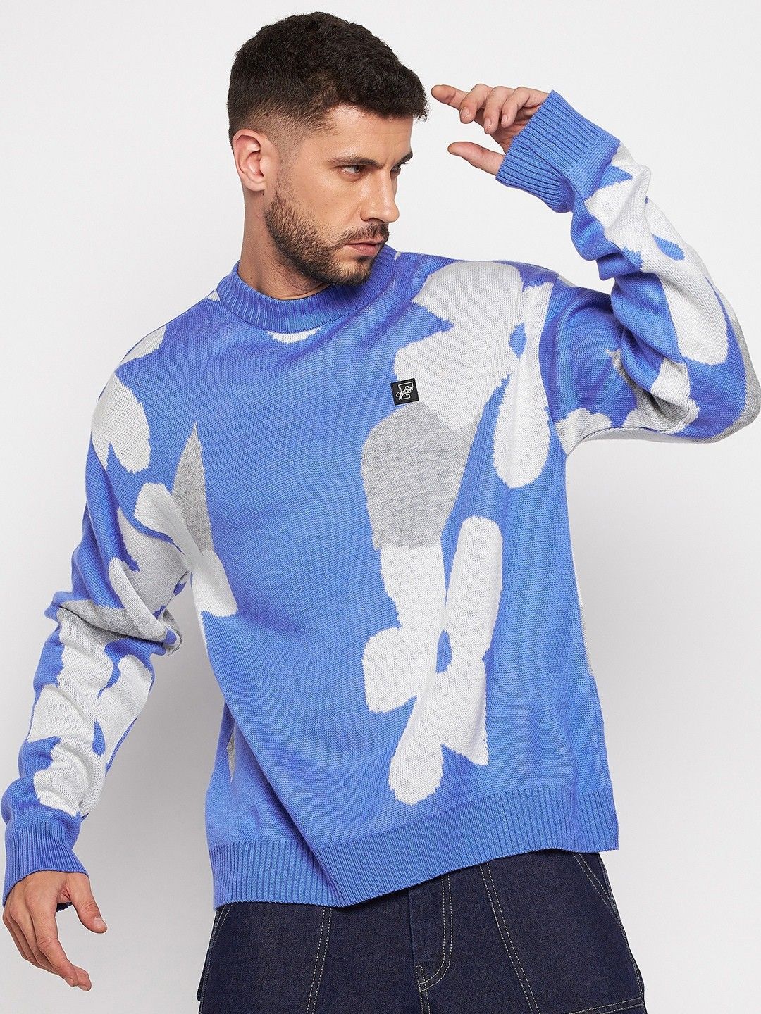 fugazee Men Floral Print High Neck Blue Sweater-picture-10