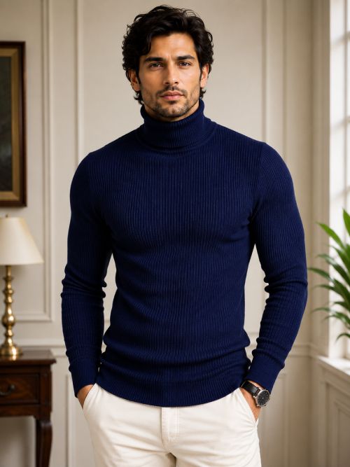 freaks Men Solid High Neck Dark Blue Sweater-picture-26
