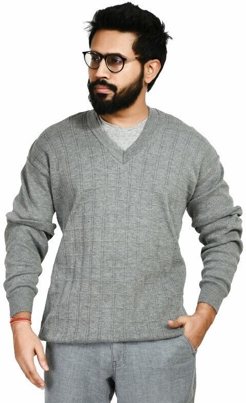 Men Self Design V Neck Grey Sweater-image-38