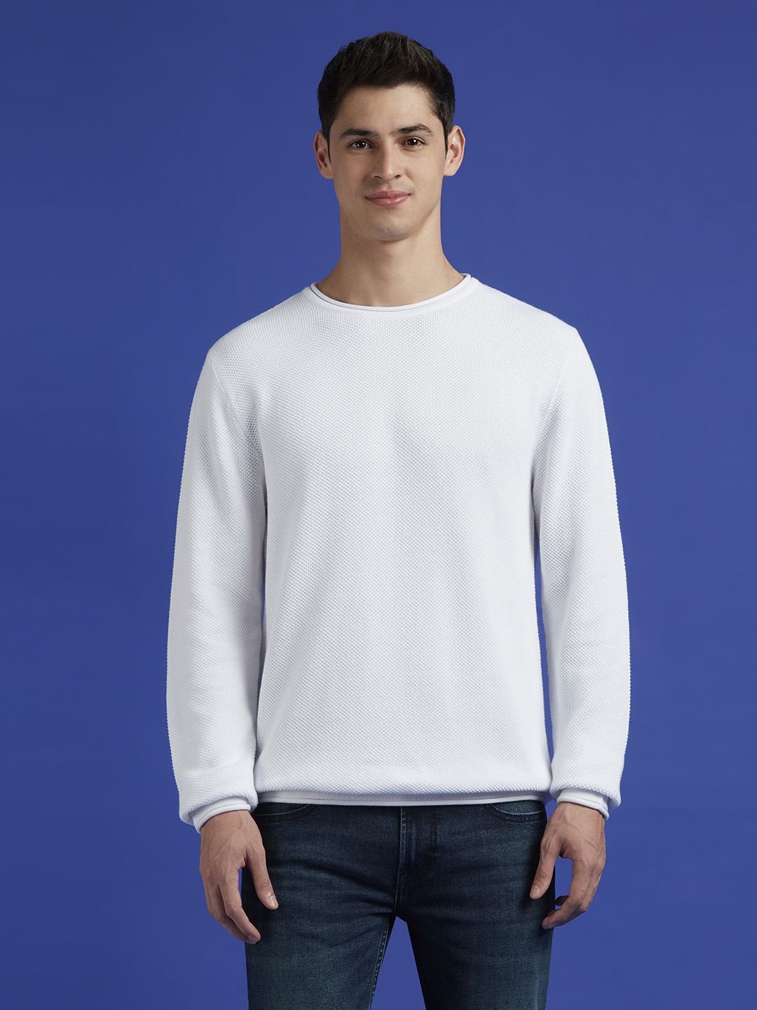 Men Solid Crew Neck White Sweater-image-5