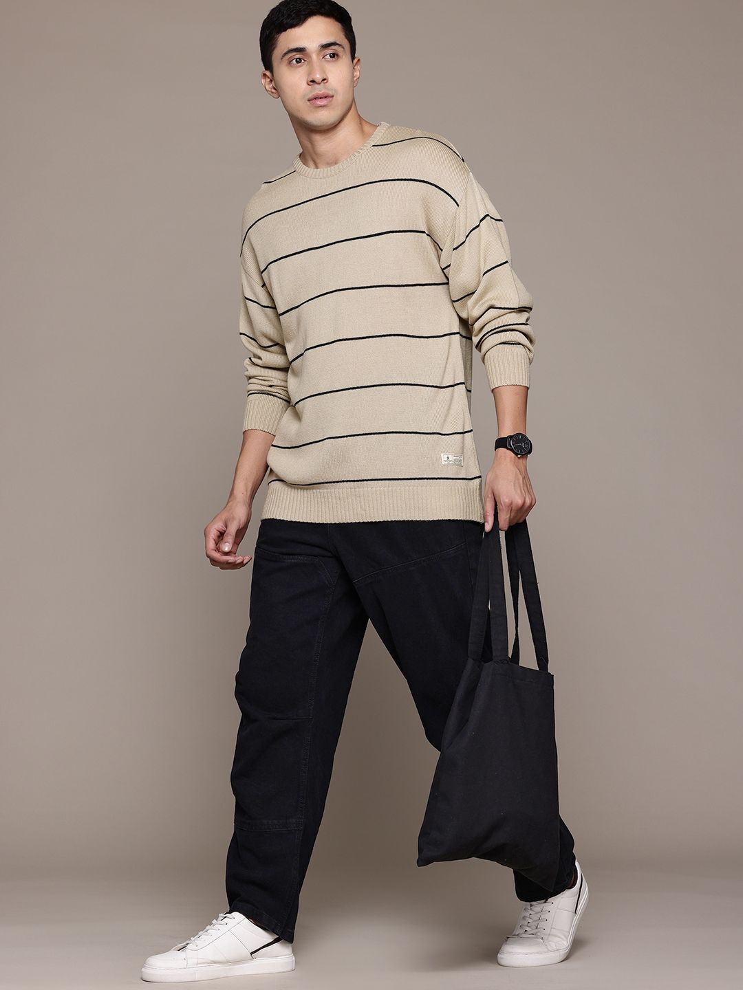 roadster Men Striped Round Neck Beige Sweater-picture-10