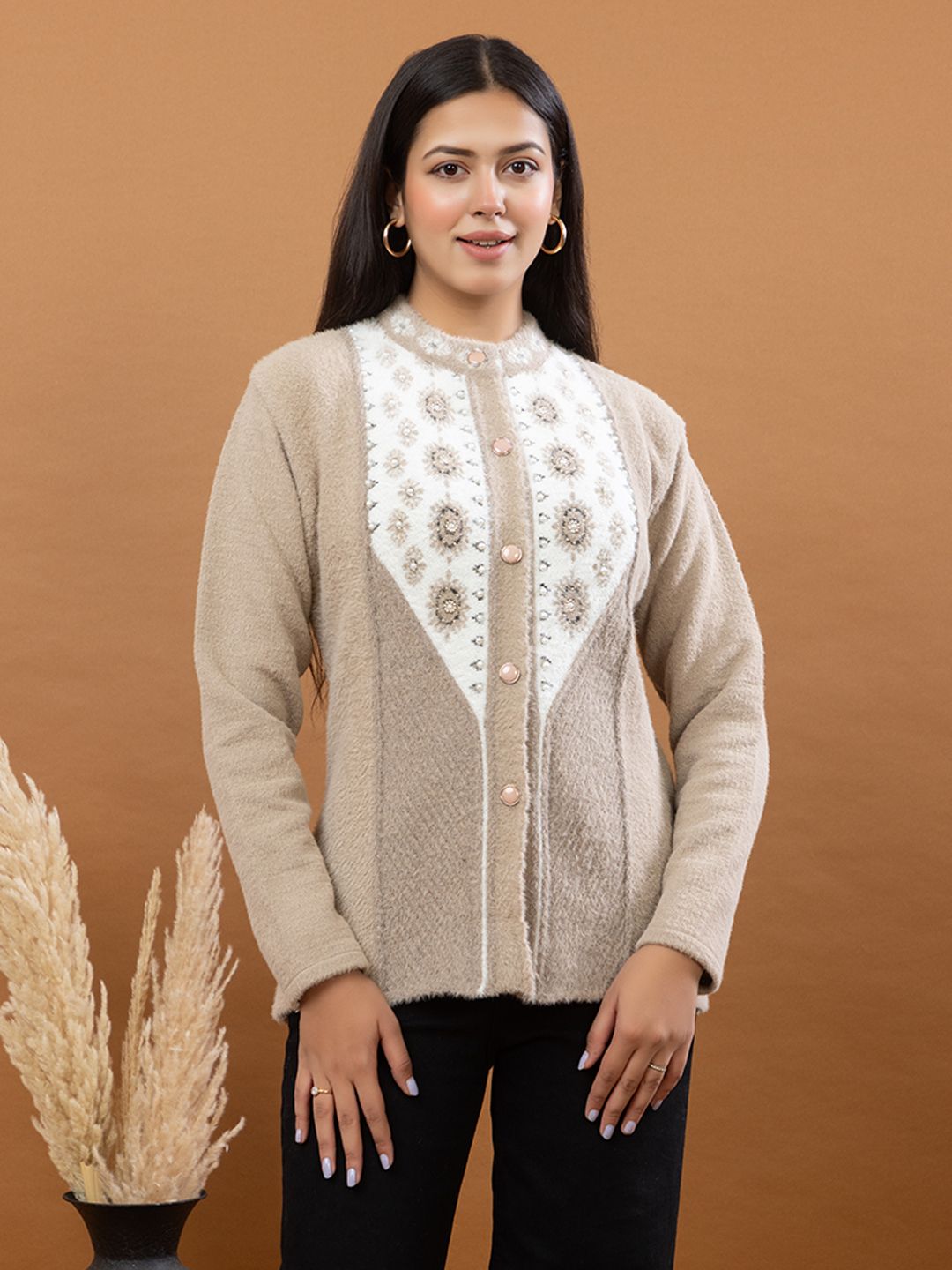 Women Self Design Mandarin Neck Beige, White Sweater-image-37