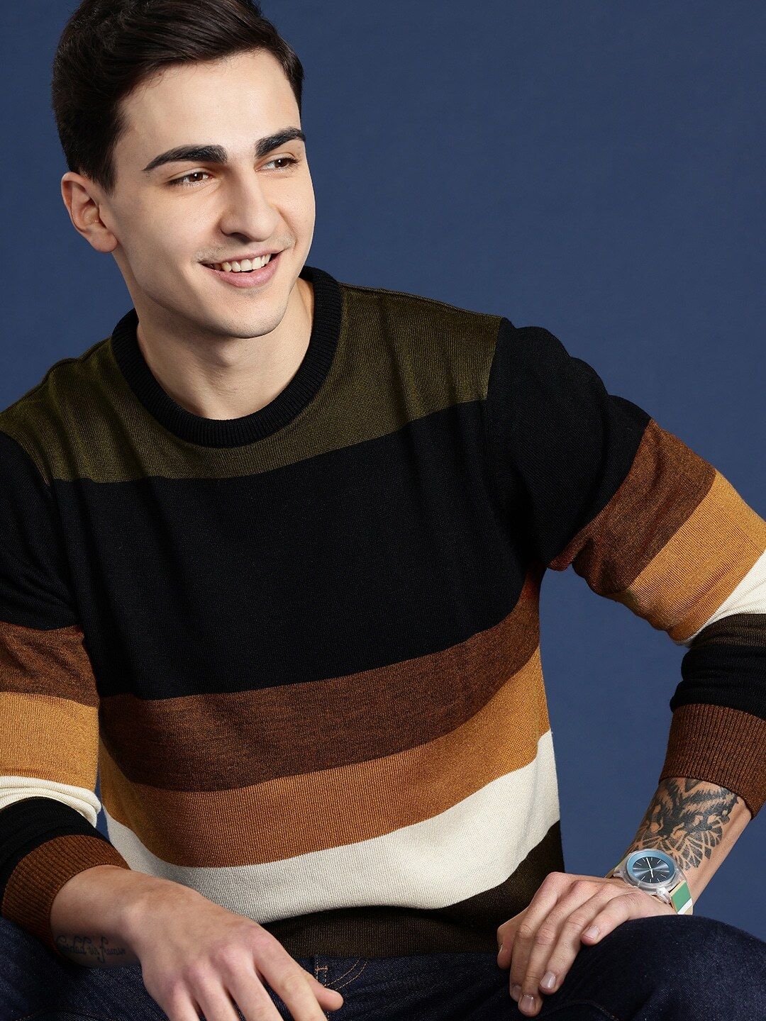 Men Striped Round Neck Brown Sweater
