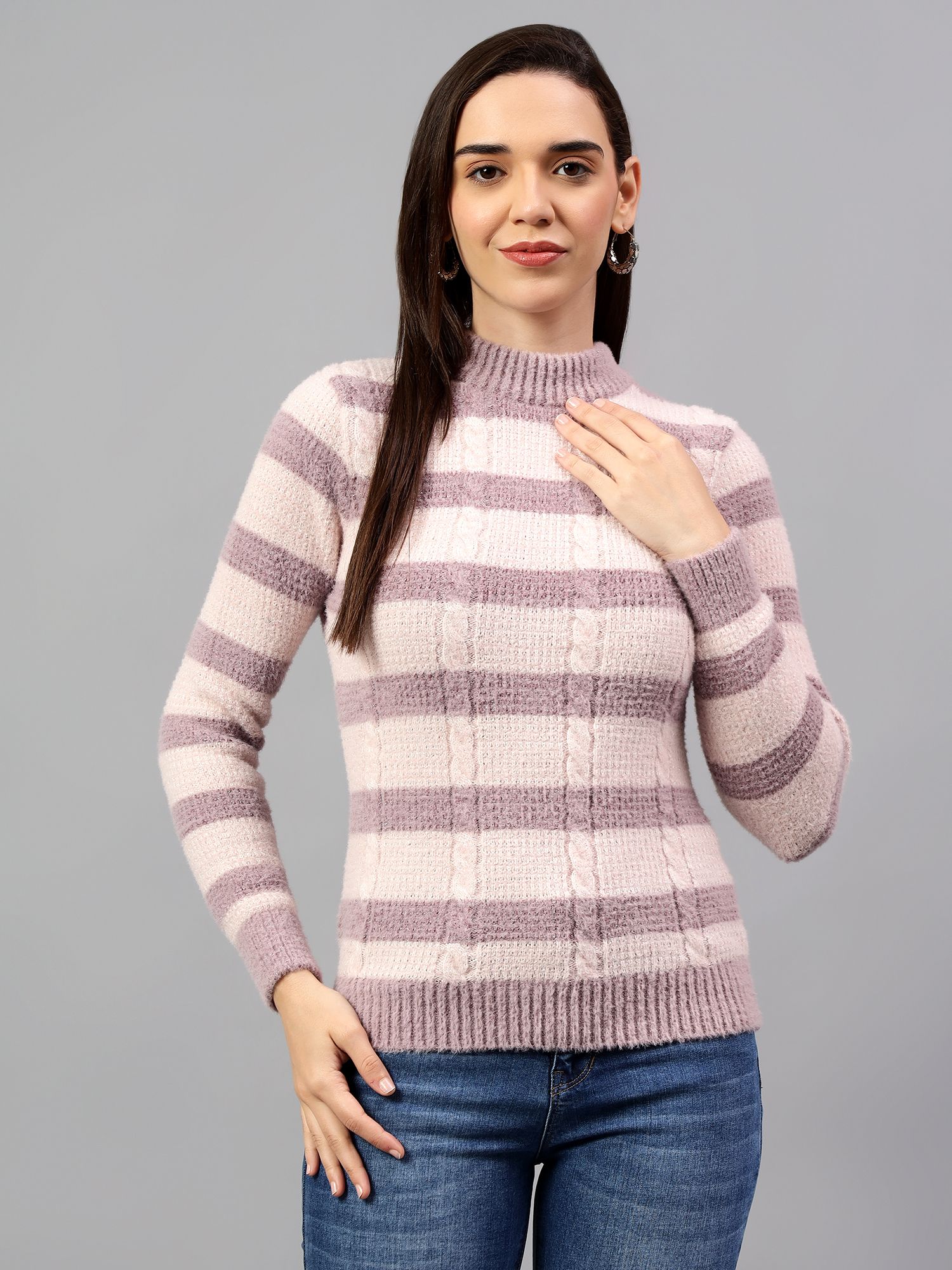 cantabil Men Self Design High Neck Purple, Pink Sweater-picture-14