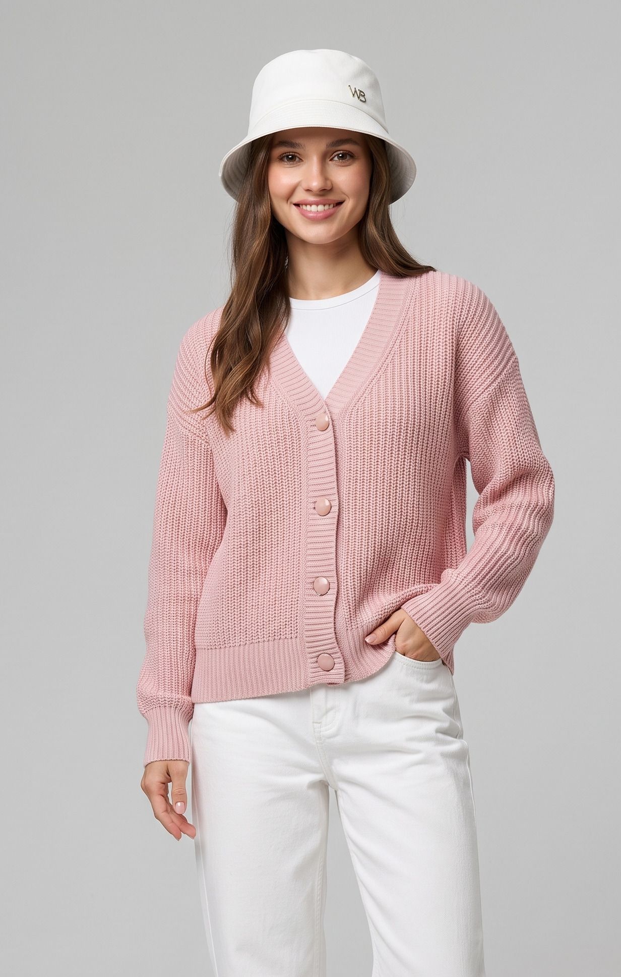 Women Self Design V Neck Pink Sweater-image-37